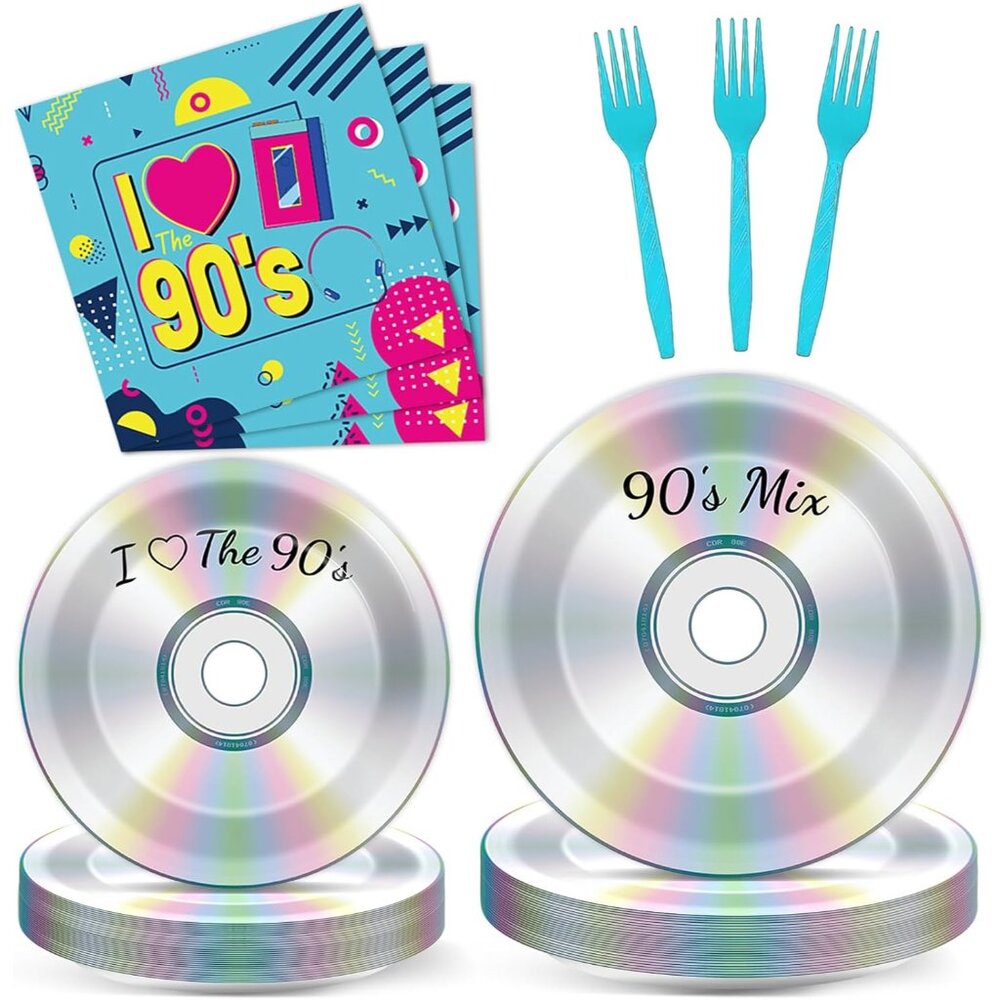 96pcs 90's Party Paper Plates And Napkins For Retro 90s Theme Birthday Party Sup